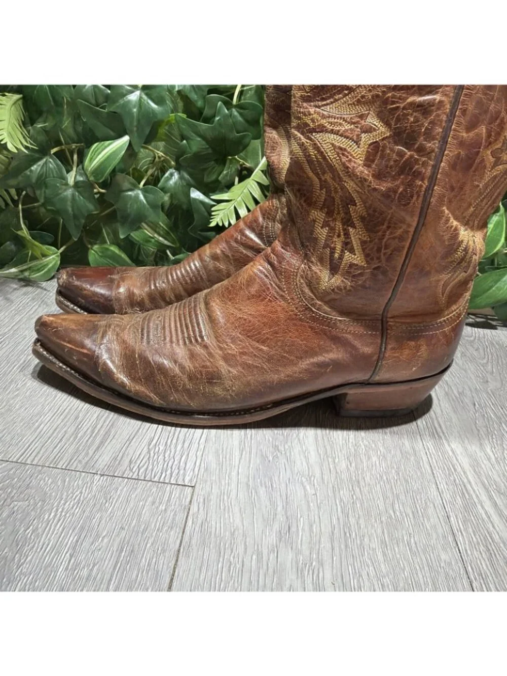 Lucchese 1883 Distressed Brown Leather Snip Toe Western Cowboy Boots Men 10.5 D